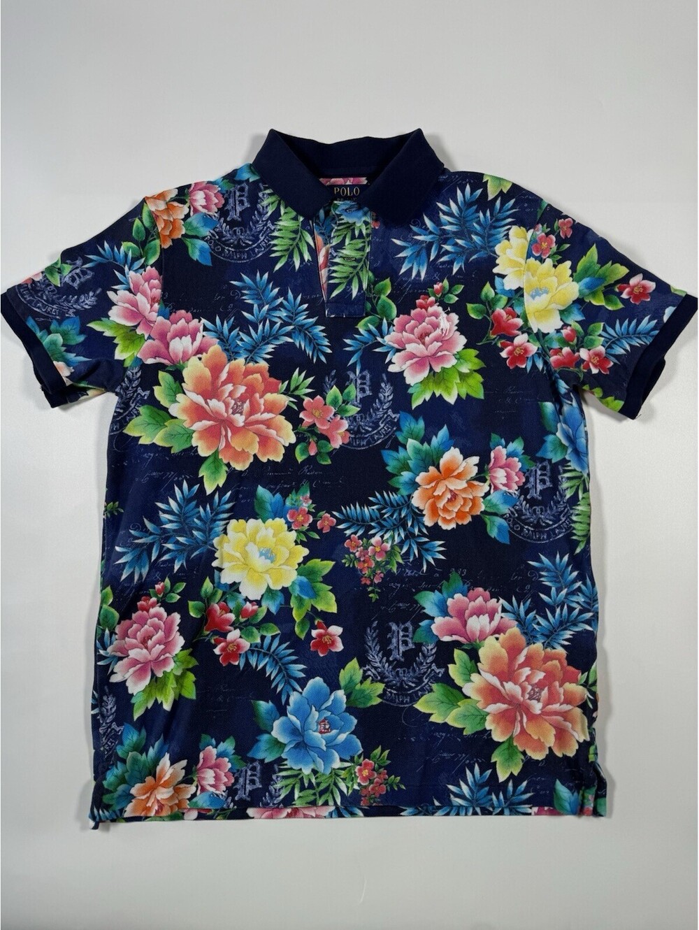 Polo Ralph Lauren Mens M Classic Fit Tropical Floral Crest Polo Shirt Navy